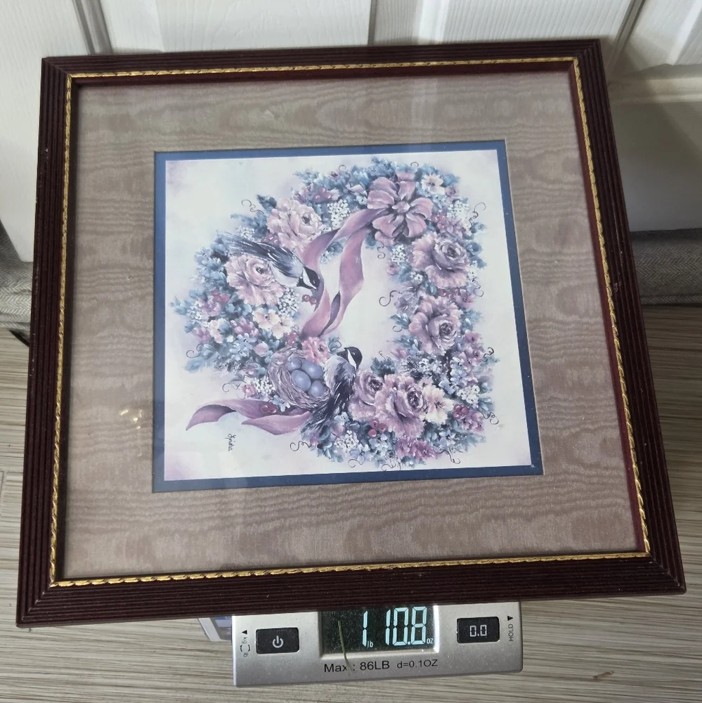 Vintage Home Interiors 90's Framed Heart Shape Floral Wreath Love Birds Wall Art